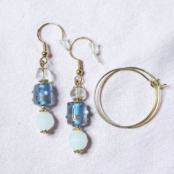 boho earrings 527#mfs Blue swirl glass earrings glass milky white dangle earring - Picture 1 of 5